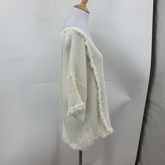 Lou & Grey Textured Weave Fringe Shirt Womens M Medium Cream Boho Mid Sleeve Top - Picture 4 of 11